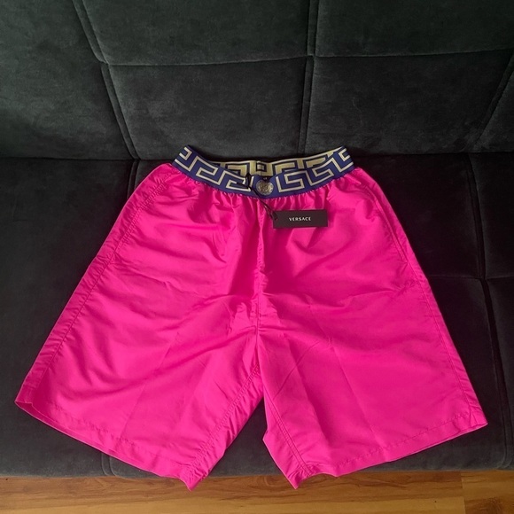 Versace Men’s Swim Shorts Pink Blue Gold Greca Waistband Size 3 XS NWT - Picture 1 of 3